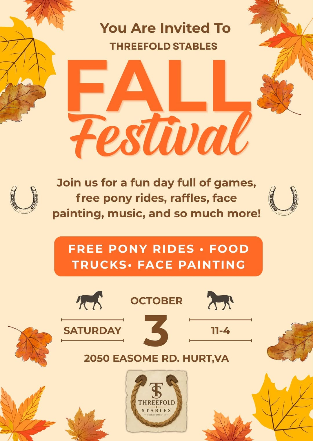 Threefold Stables Fall Festival flyer — Saturday October 3, 11am to 4pm