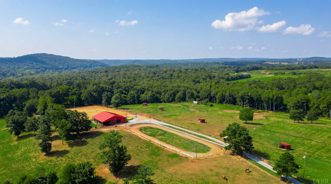 Aerial view of the Threefold Stables farm in Hurt, Virginia